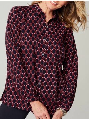 J. Jill Wearever Collection Geometric Navy Button Long Sleeve Shirt Size XL